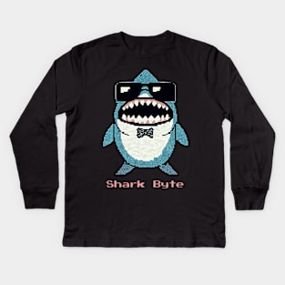 Shark Byte Shirt | 8-Bit Retro Gamer Tee | Unique Shark Pun Apparel Kids Long Sleeve T-Shirt